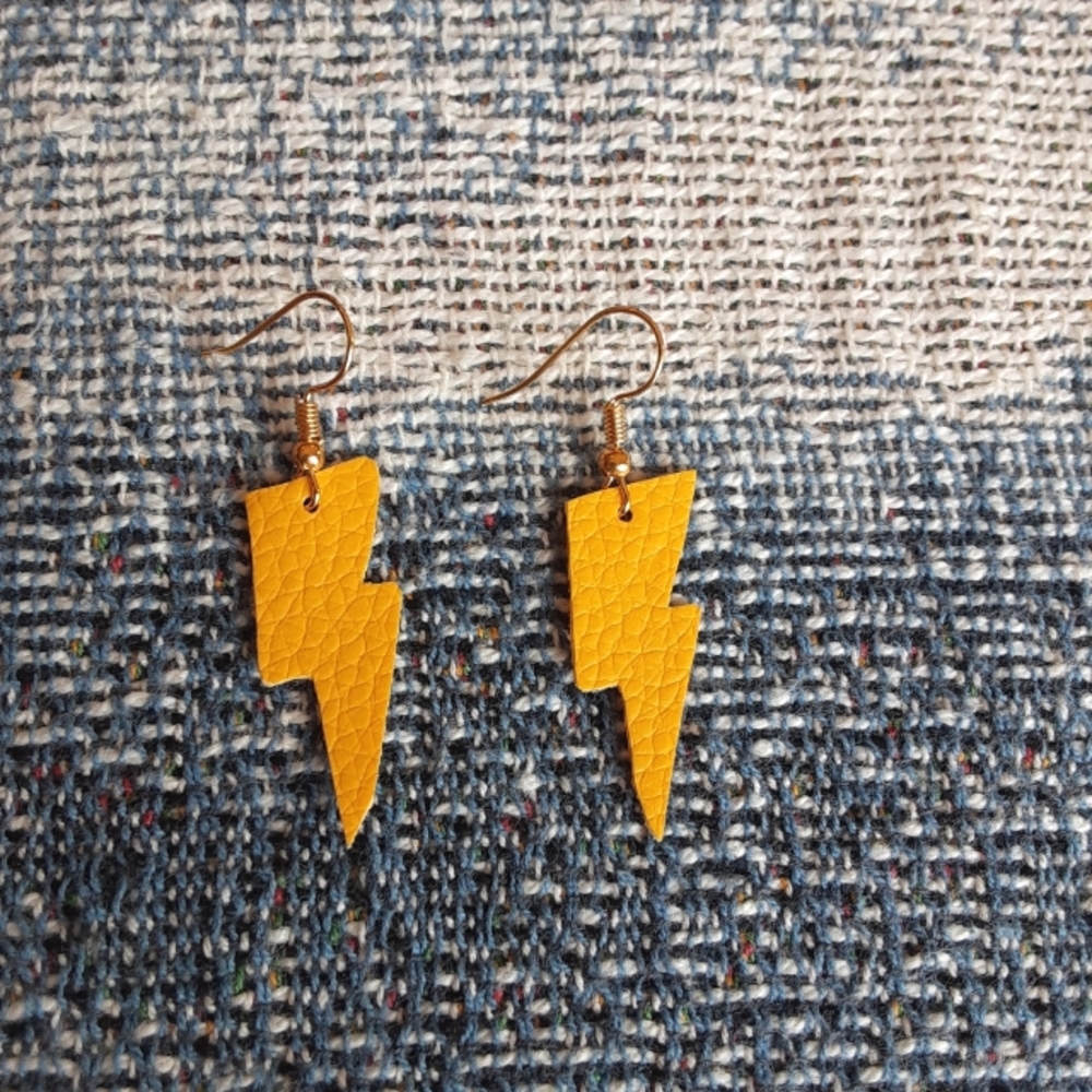 Yellow Lightning Bolt Faux Leather Earrings - Picture 2 of 3